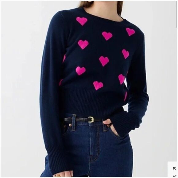 J. Crew Cropped Cashmere Crewneck Sweater in Heart Print Medium - Picture 1 of 6